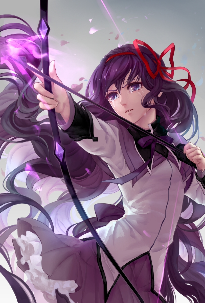 akemi_homura, archery, black_hair, blush, bow_and_arrow, crying, long_hair, magical_girl