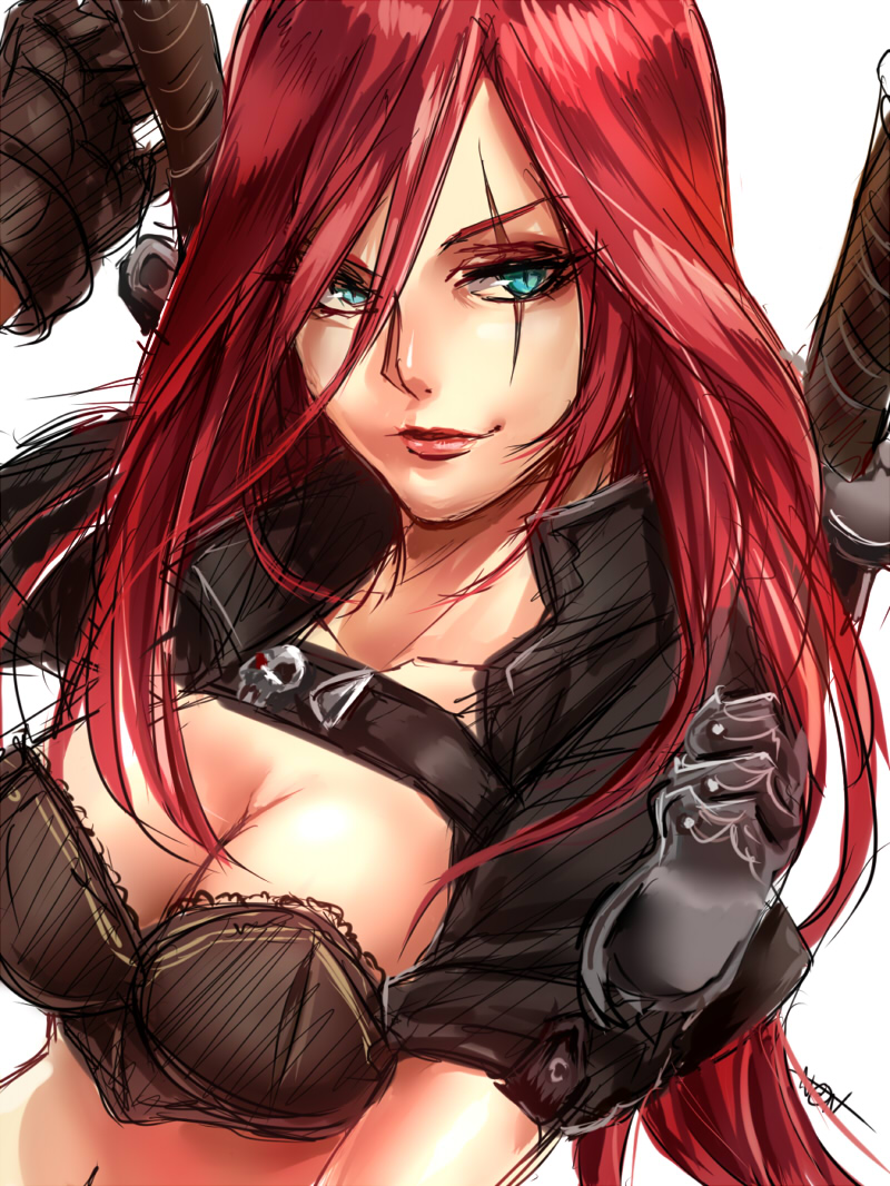 1girl, aqua_eyes, breasts, cleavage, collarbone, cropped_jacket, hair_over_one_eye, katarina_du_couteau
