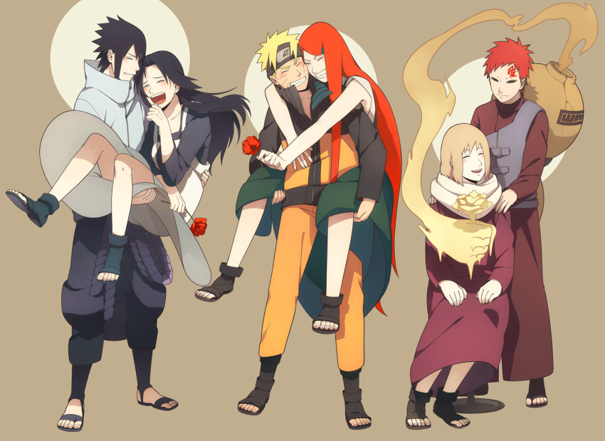 3boys, 3girls, black_hair, blonde_hair, carrying, closed_eyes, flower, forehead_protector