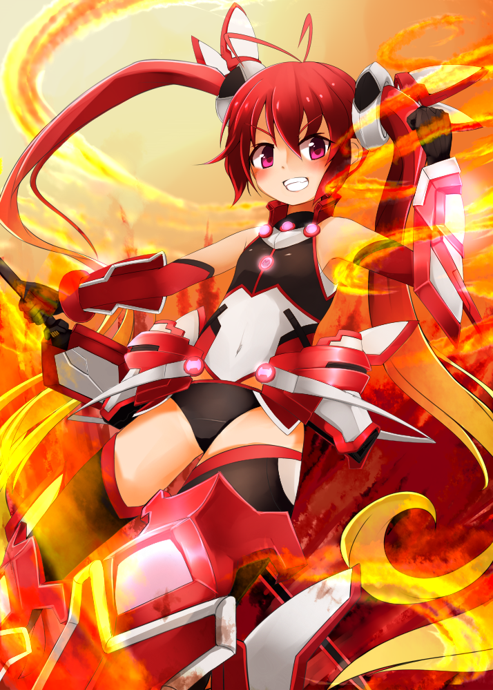 >:), 1girl, antenna_hair, bobu_(bovyo222), grin, holding, long_hair, looking_at_viewer