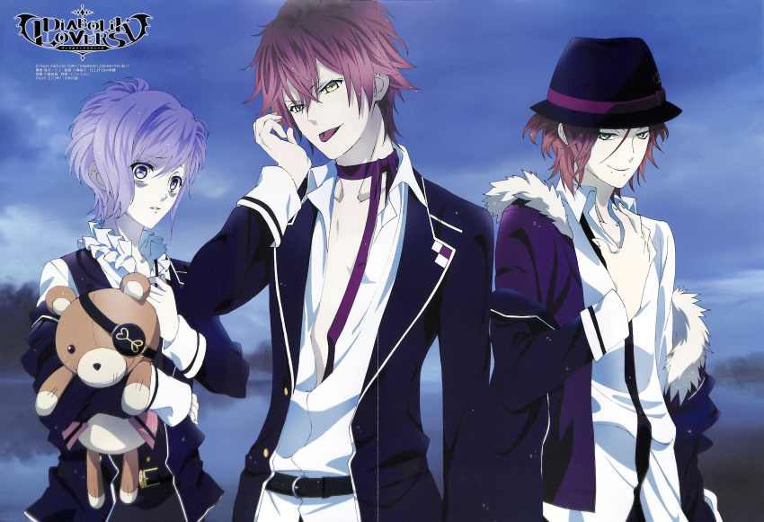 3boys, absurdres, brown_hair, diabolik_lovers, green_eyes, hat, highres, multiple_boys