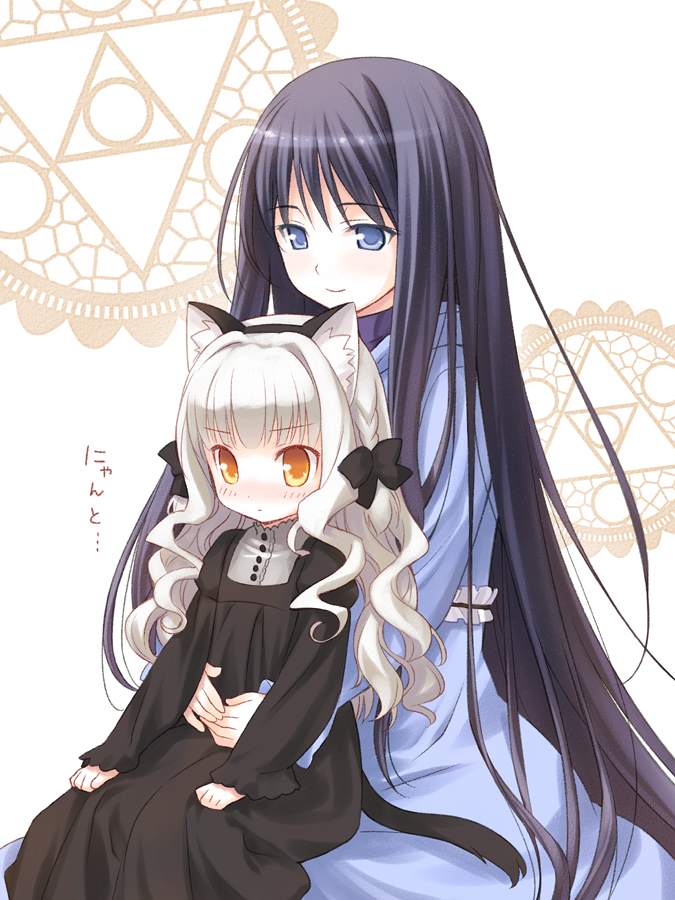 2girls, amano_yuu, animal_ears, bell_zephir, bell_zephyr, cat_ears, dress, multiple_girls, night_wizard, rion_gunta