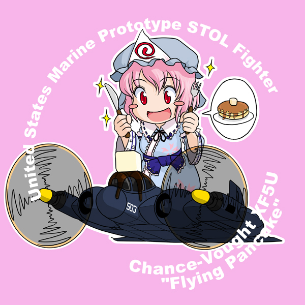 :d, blush_stickers, butter, chibi, commentary_request, english, fork, hat, japanese_clothes, kimono, knife, open_mouth, pancake, pink_hair, red_eyes, ribbon, saigyouji_yuyuko, sakurato_tsuguhi, short_hair, smile, speech_bubble, syrup, touhou, vought_xf5u