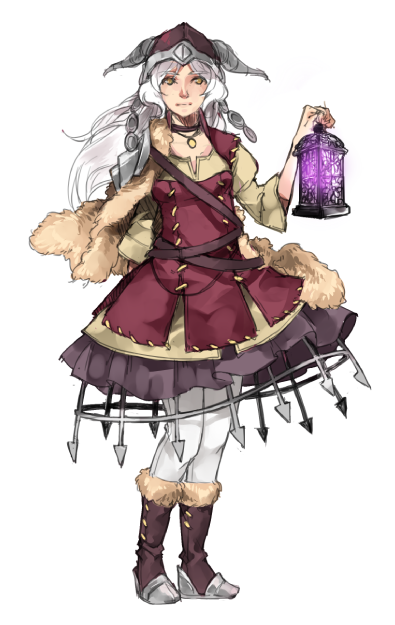 1girl, boots, borrowed_character, c-r-y-s, cecilia_(acerailgun), fur_trim, helmet, horned_helmet, jewelry, lantern, long_hair, original, pendant, sitting, skirt, solo, white_background, white_hair, yellow_eyes