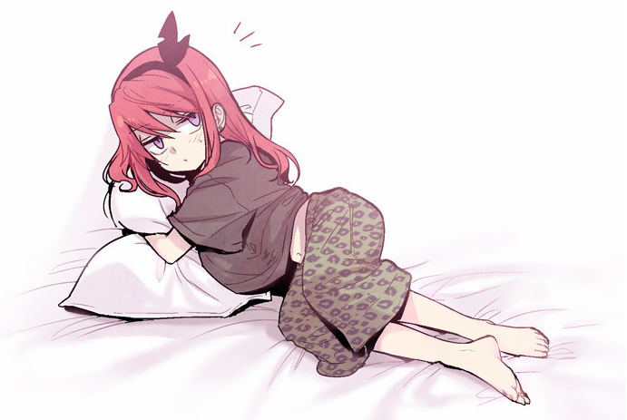 1boy, amel, americano_exodus, bed, hairband, long_hair, navel, pants