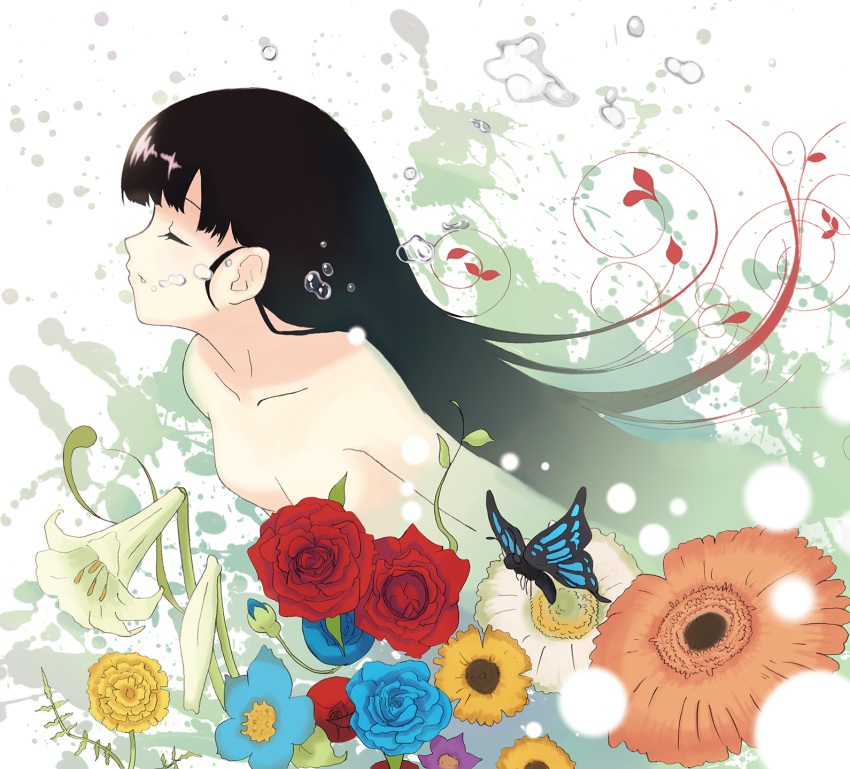 1girl, black_hair, bubble, butterfly, closed_eyes, collarbone, flower, highres