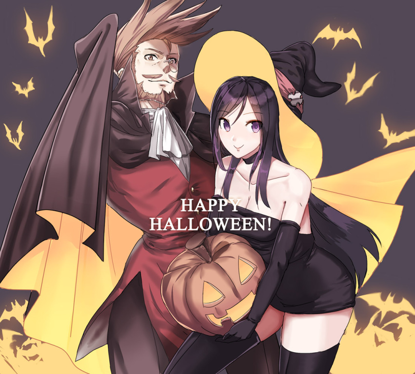1boy, 1girl, bat, beard, brown_hair, facial_hair, guilty_gear, halloween