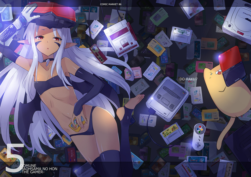 1girl, bat_wings, cat, controller, facial_mark, famicom, game_cartridge, game_console