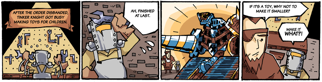 2boys, beard, character_request, comic, english, eyepatch, facial_hair, lance, mecha, multiple_boys, polearm, setz, shovel_knight, tinker_knight, weapon, wrench