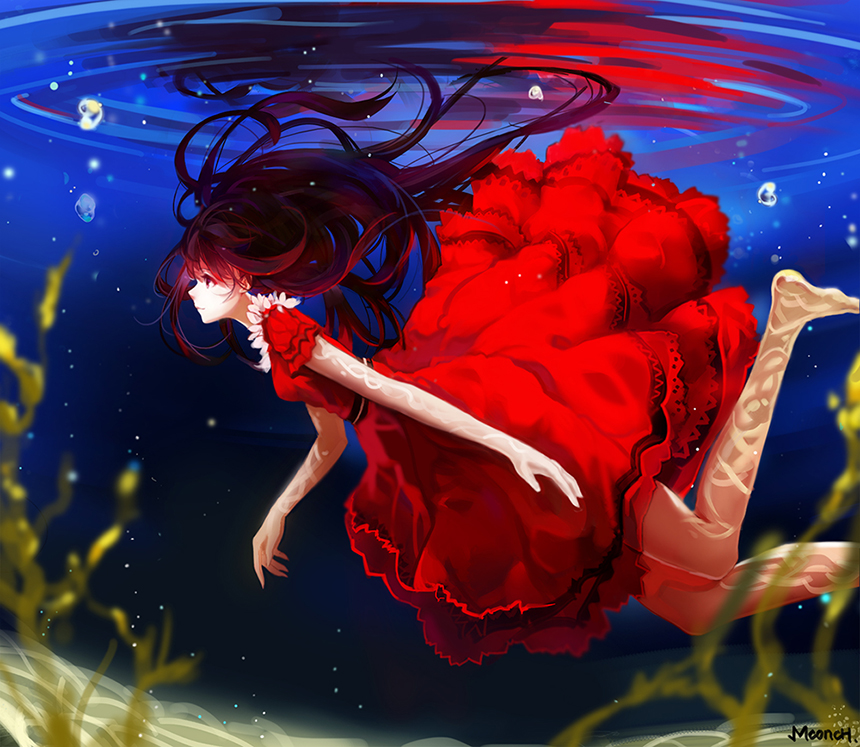 1girl, artist_name, barefoot, black_hair, bubble, dress, floating_hair, legs