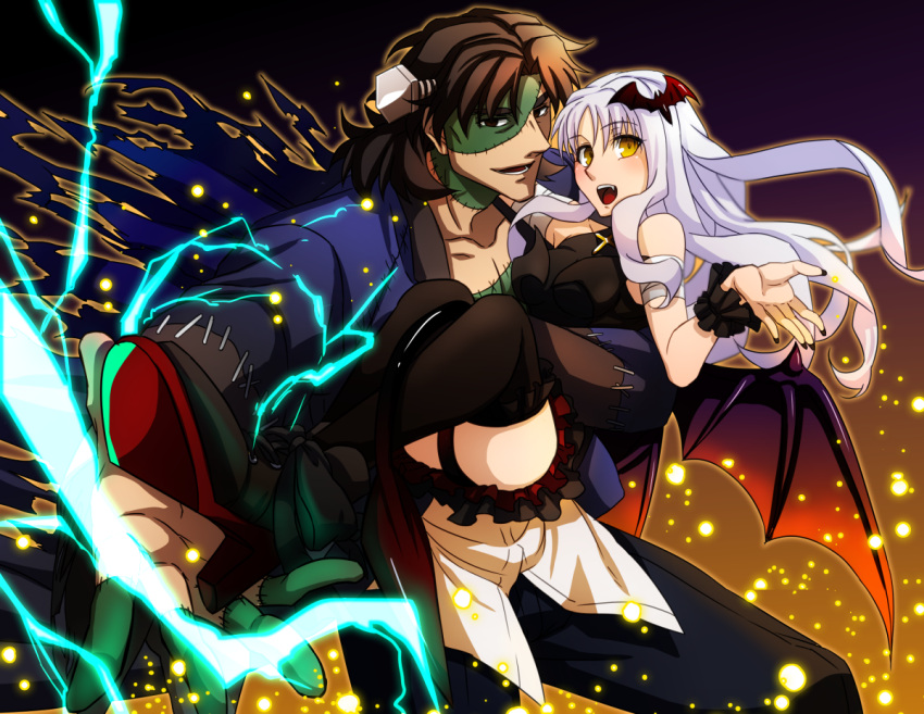 1boy, 1girl, bat_hair_ornament, bat_wings, black_legwear, bolt, boots, caren_hortensia