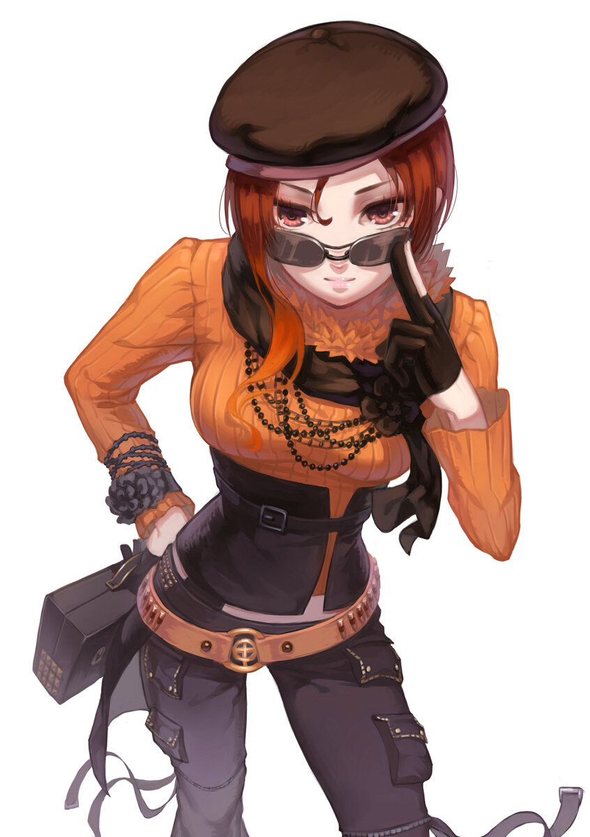 1girl, adjusting_sunglasses, belt, beret, black_gloves, bojue_yu_yaojing_695657, coco_(rwby), corset