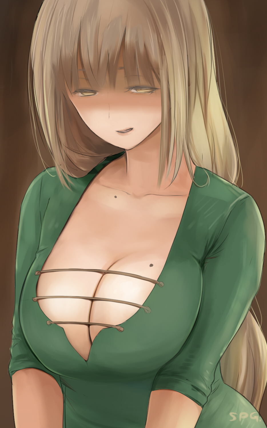 1girl, artist_name, blonde_hair, breasts, brown_background, brown_eyes, brown_hair, bust