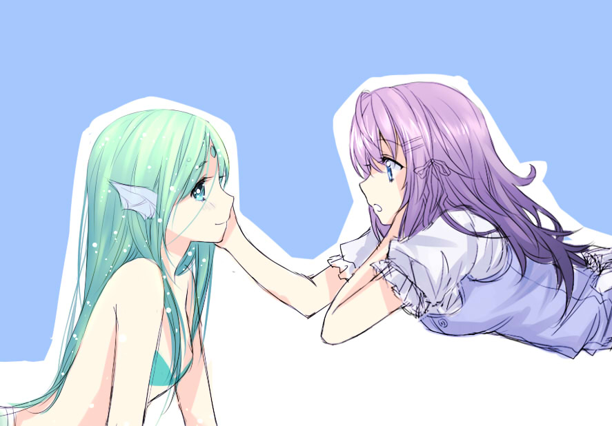 2girls, bare_shoulders, blue_eyes, eye_contact, green_eyes, green_hair, hand_on_another's_cheek, hand_on_another's_face