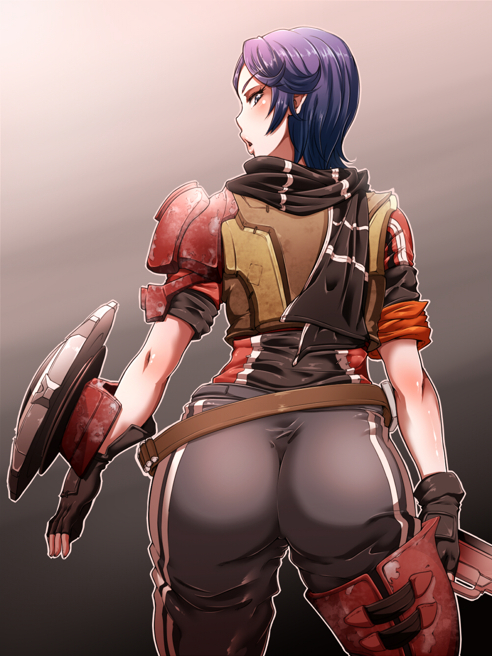 1girl, ass, athena, belt, borderlands_presequal, fingerless_gloves, gloves, highres