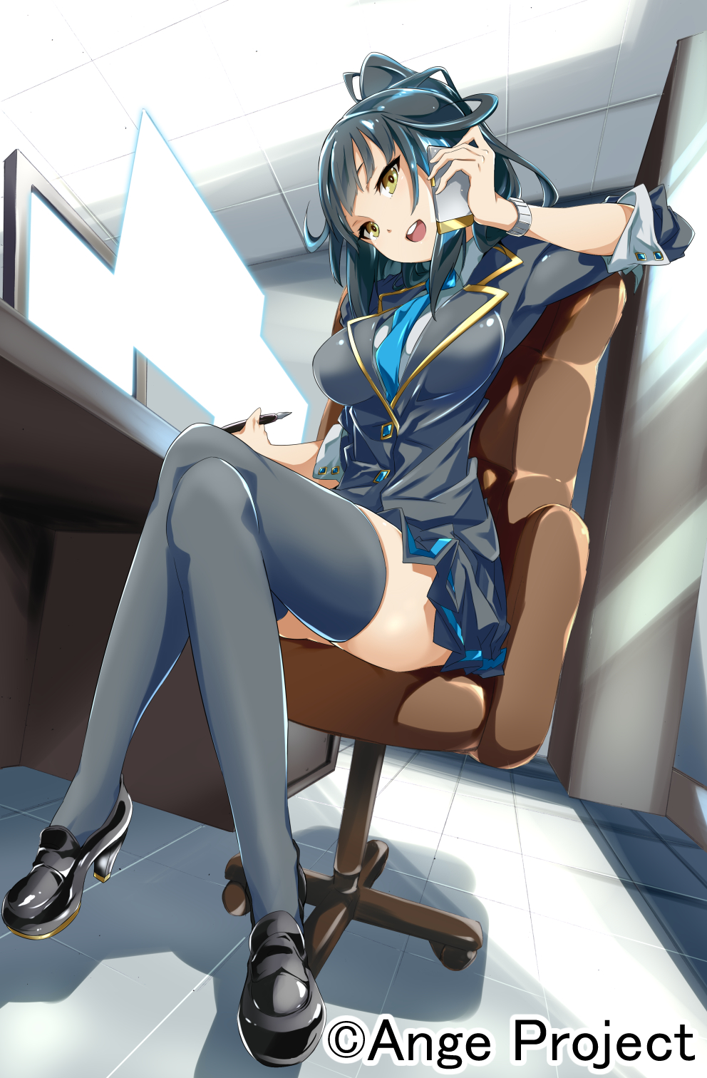 1girl, ange_vierge, black_legwear, blue_hair, breasts, cellphone, chair, crossed_legs