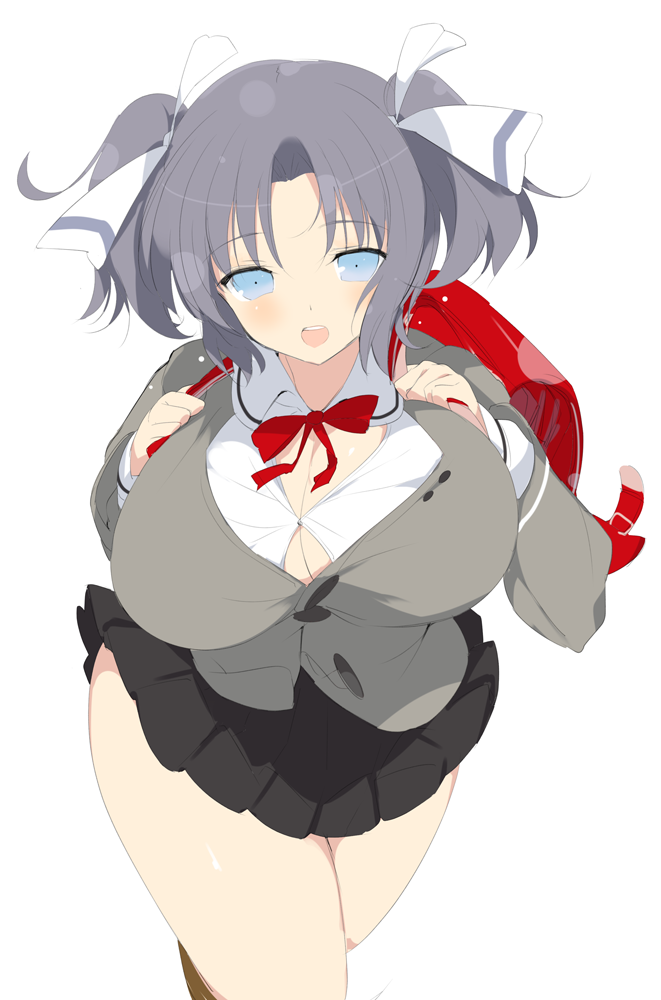 1girl, alternate_hairstyle, backpack, bag, black_hair, blue_eyes, bow, breasts, cleavage_cutout, dress_shirt, grey_hair, hair_ribbon, huge_breasts, kaede_(sayappa), looking_at_viewer, official_style, open_mouth, randoseru, ribbon, senran_kagura, senran_kagura_(series), shirt, short_hair, skirt, smile, solo, twintails, yumi_(senran_kagura)