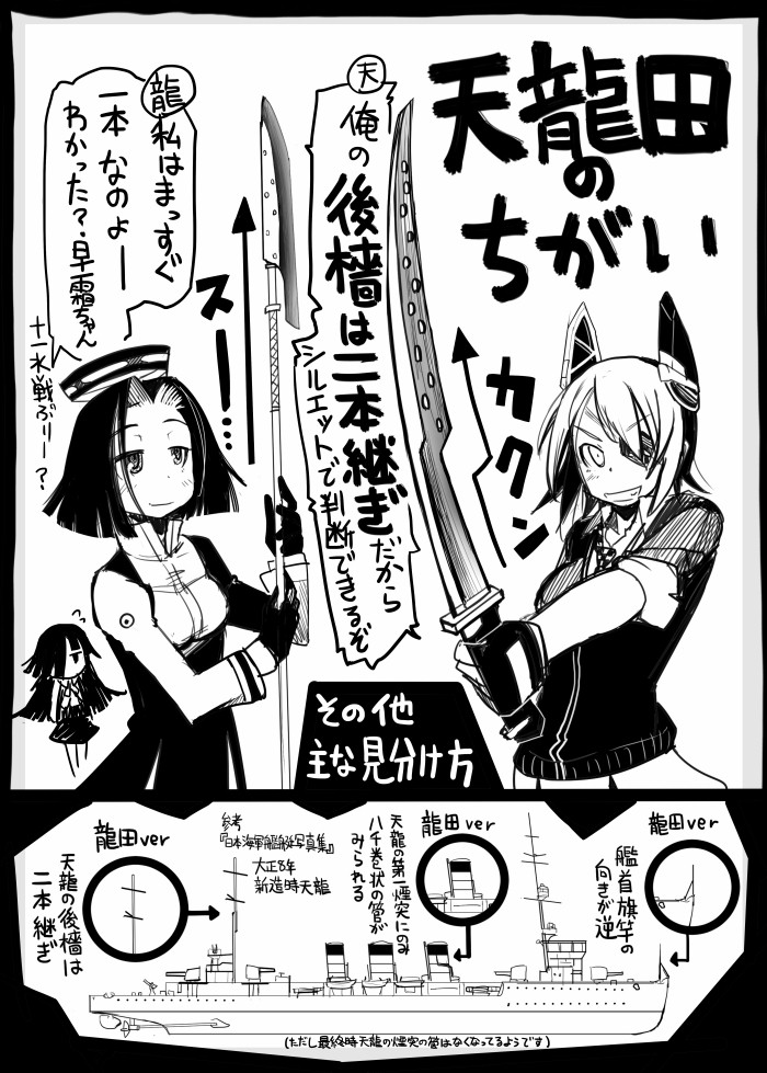 3girls, black_gloves, cardigan, comic, cruiser, dress, eyepatch, fingerless_gloves