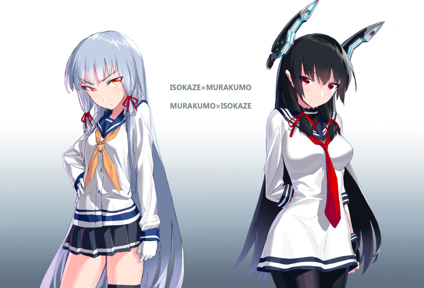 2girls, alternate_costume, black_hair, blew_andwhite, cosplay, costume_switch, hair_ribbon, headgear