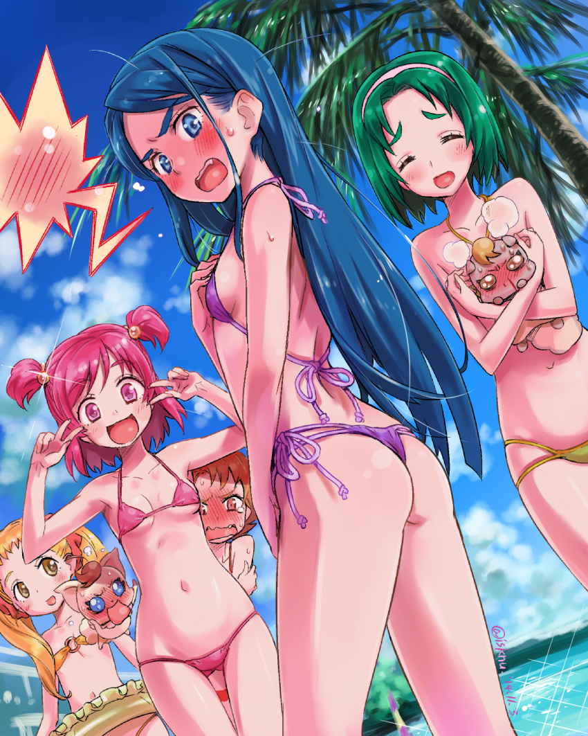 akimoto_komachi, ass, bikini, blonde_hair, blue_eyes, blue_hair, brown_hair, embarrassed