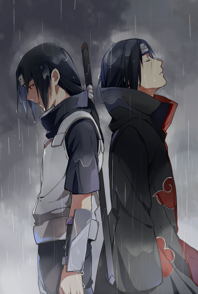 akatsuki_(naruto), black_hair, dual_persona, kkkkt, long_hair, male, naruto, rain