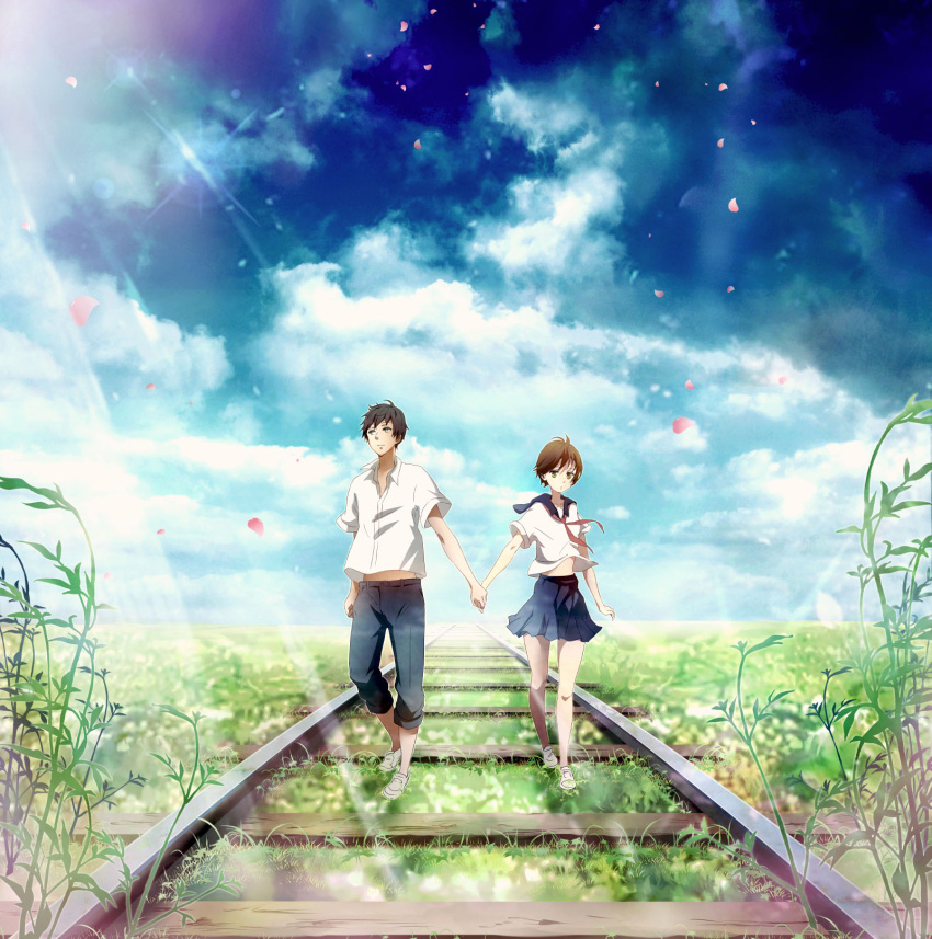 1boy, 1girl, black_hair, brown_hair, conone, highres, holding_hands, no_socks