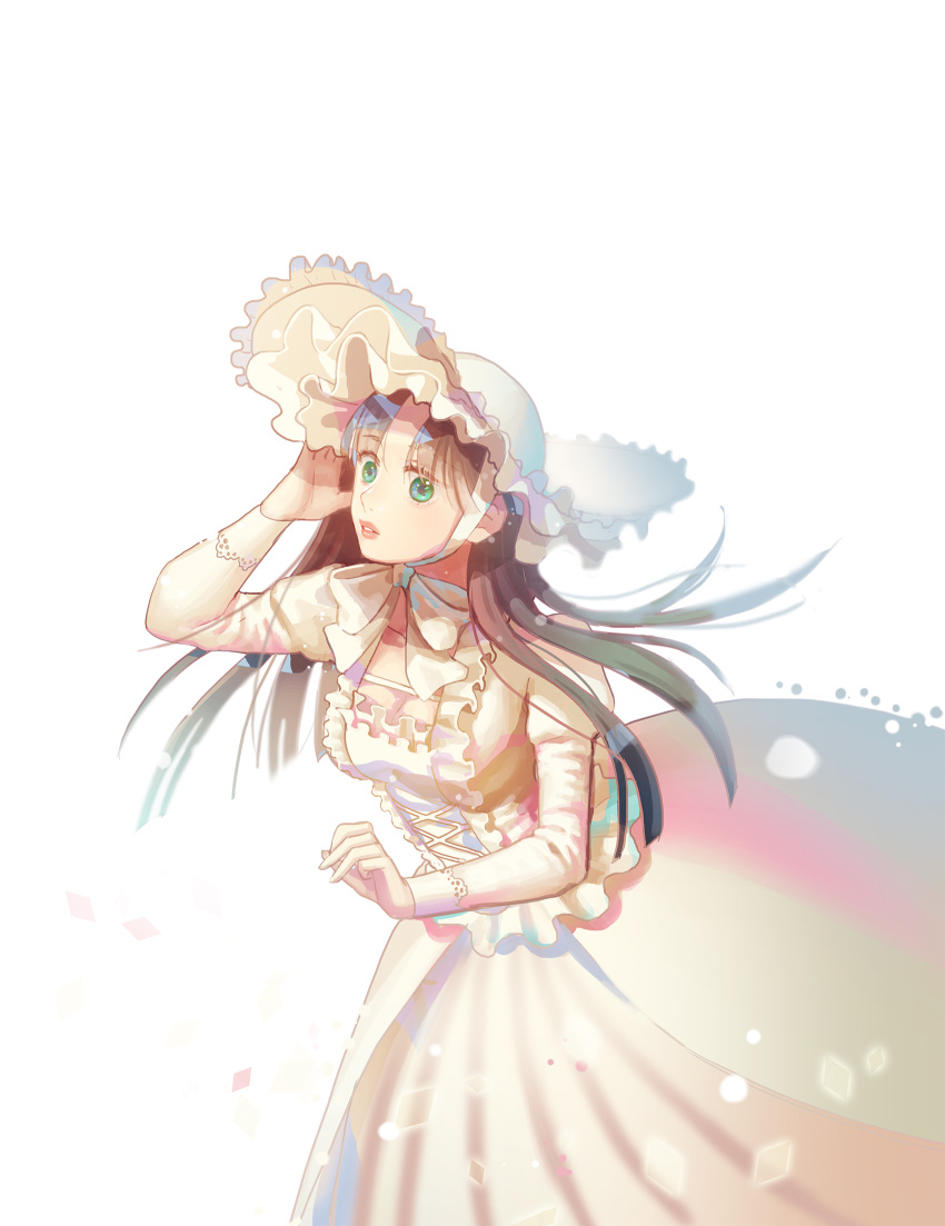 1girl, bangs, blunt_bangs, bowtie, brown_hair, character_request, dress, floating_hair, frills, green_eyes, hat, highres, lips, long_hair, long_sleeves, mabinogi, parted_bangs, parted_lips, solo, tg_(ttague), white_background, white_dress