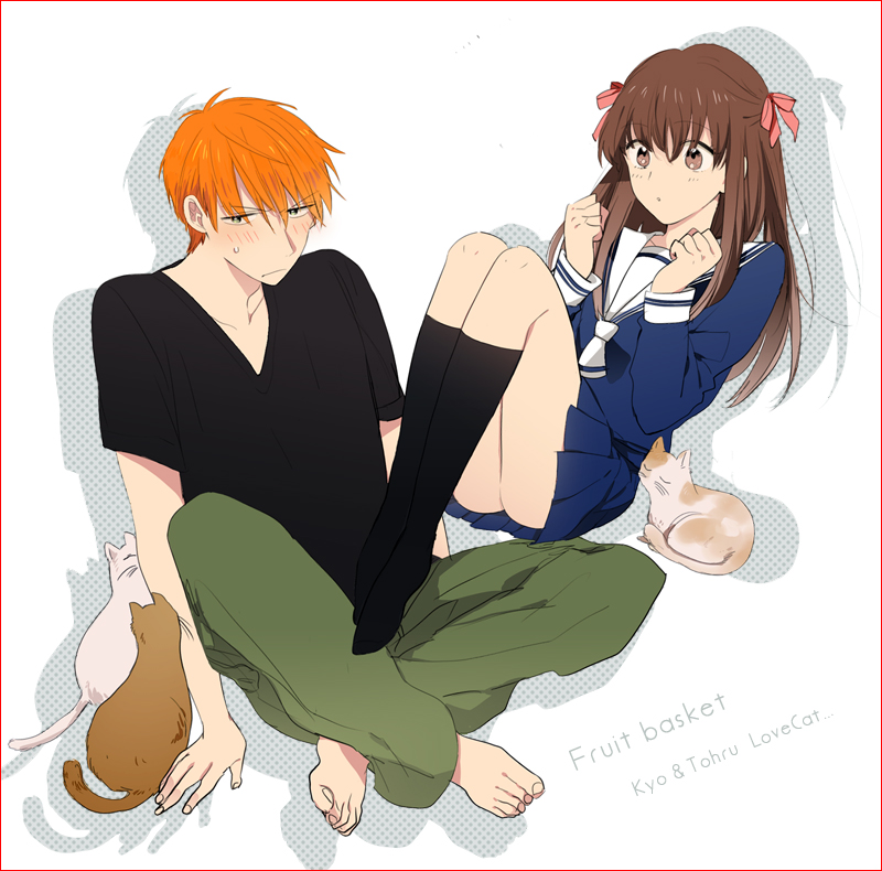1boy, 1girl, :o, barefoot, black_legwear, blush, border, brown_hair, casual, cat, character_name, clenched_hand, copyright_name, embarrassed, fruits_basket, full_body, green_pants, hair_ribbon, half-closed_eyes, half_updo, honda_tooru, indian_style, kneehighs, long_hair, no_shoes, oda_kazuomi, orange_hair, ribbon, school_uniform, serafuku, shadow, short_hair, short_sleeves, sitting, souma_kyou, white_background