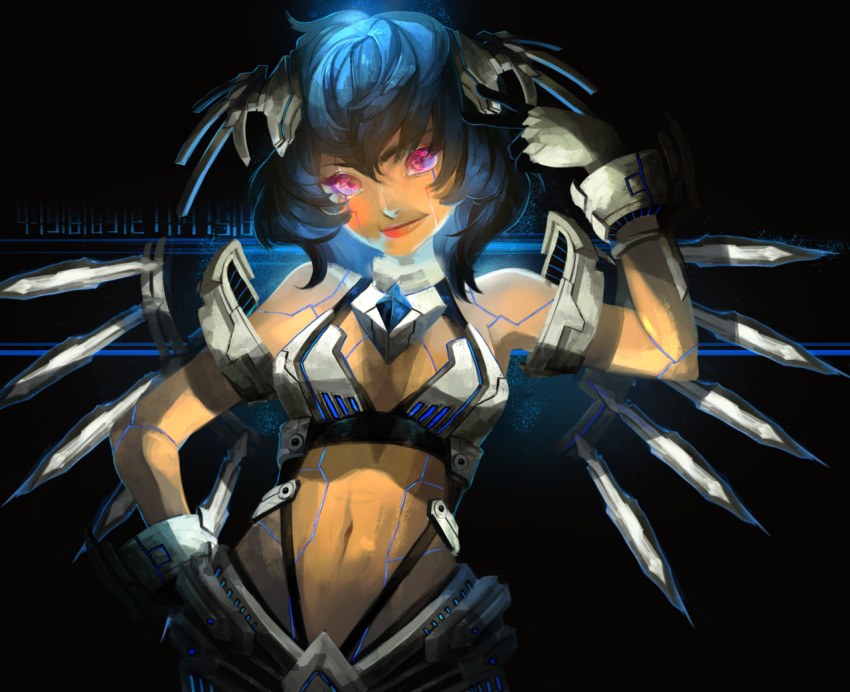 1girl, alpha_(acerailgun), bare_shoulders, blue_hair, borrowed_character, cowboy_shot, d-oppelganger, gloves