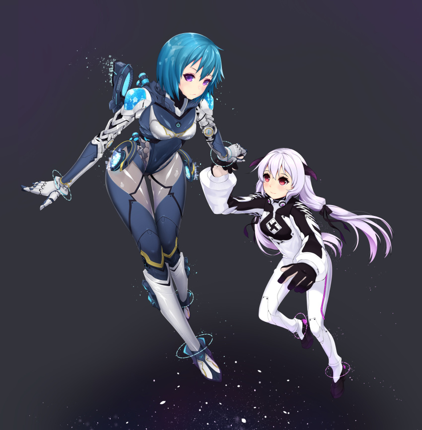 2girls, alpha_(acerailgun), blue_hair, borrowed_character, cecilia_(acerailgun), highres, holding_hands, horns