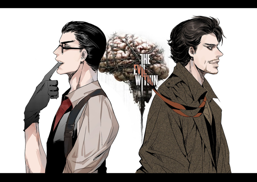 2boys, baker_(yypig01), beard, biting, black_hair, facial_hair, glasses, glove_biting