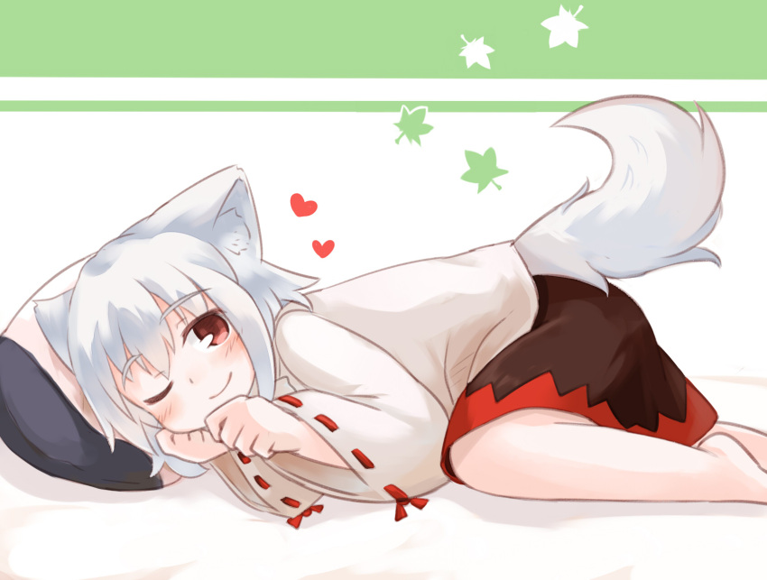 1girl, animal_ears, blush, detached_sleeves, highres, inubashiri_momiji, lying, on_side