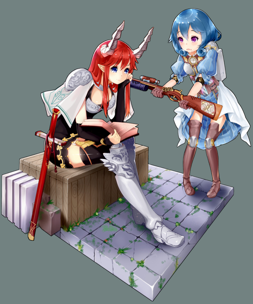2girls, alpha_(acerailgun), blue_eyes, blue_hair, book, boots, borrowed_character, breasts