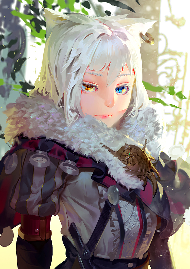 1girl, animal_ears, armor, blue_eyes, brooch, heterochromia, jewelry, karasu-san_(syh3iua83)