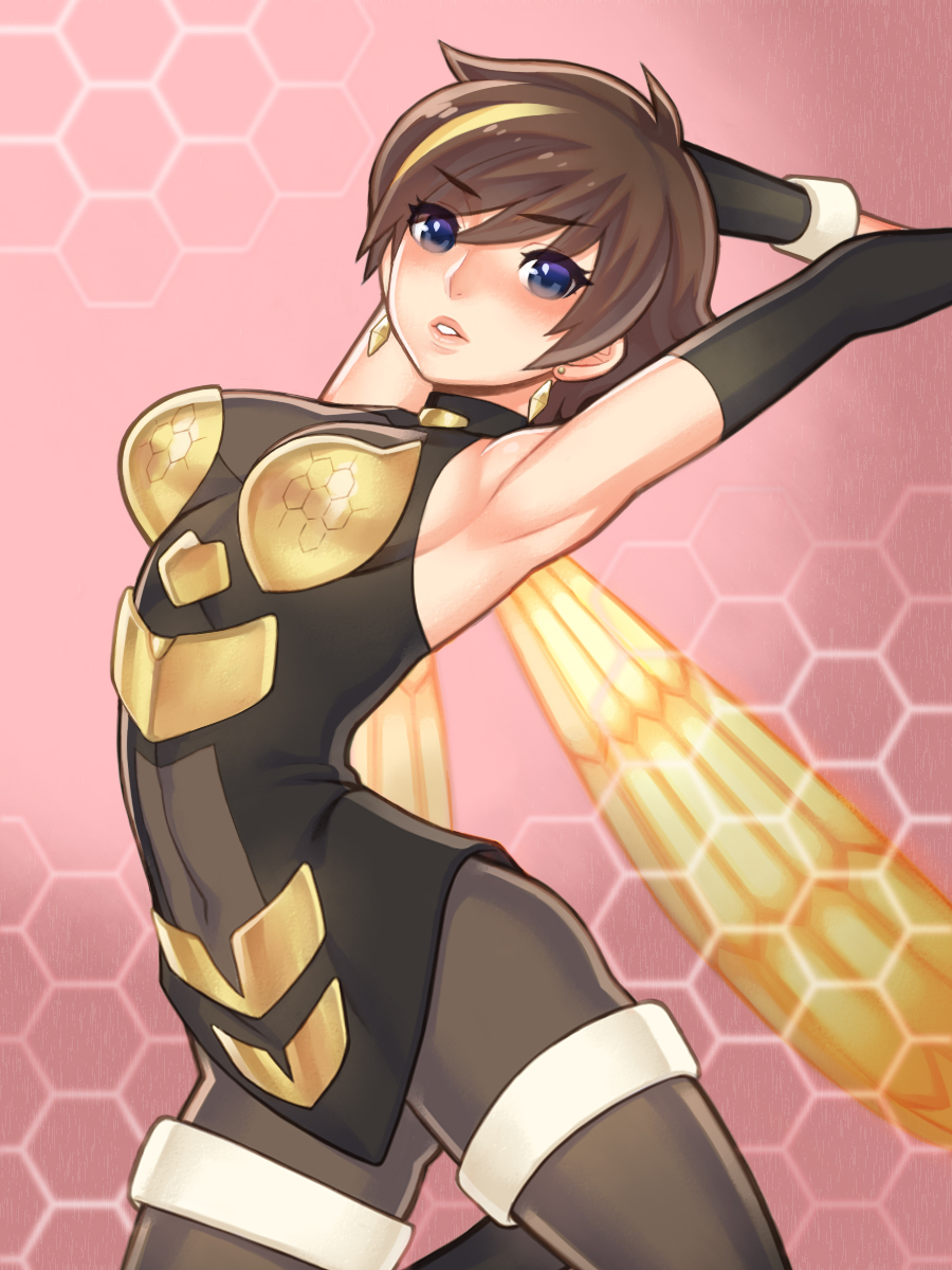 1girl, armpits, arms_up, avengers, blue_eyes, blush, bodysuit, breasts