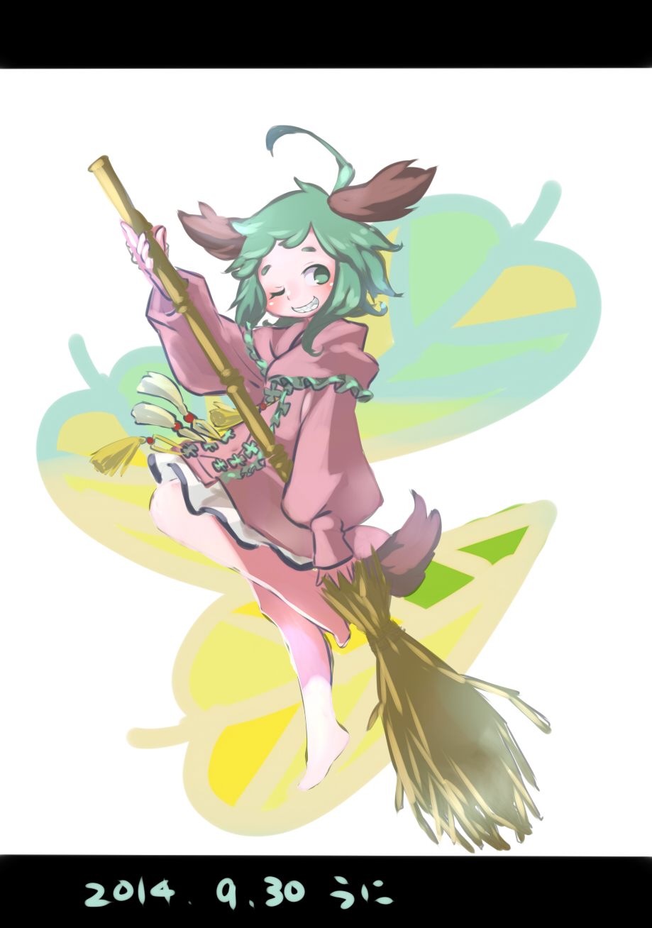 1girl, :d, ahoge, animal_ears, barefoot, broom, capelet, dated, dog_ears, dog_tail, green_hair, grind, highres, holding, kasodani_kyouko, letterboxed, long_sleeves, looking_to_the_side, namauni, one_eye_closed, open_mouth, shirt, short_hair, simple_background, skirt, skirt_set, smile, solo, tail, touhou, white_background