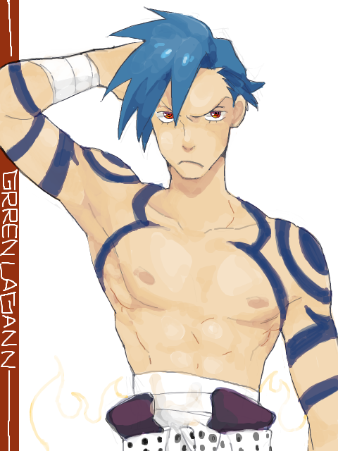 bandage, blue_hair, kamina, male, oekaki, pout, red_eyes, sarashi