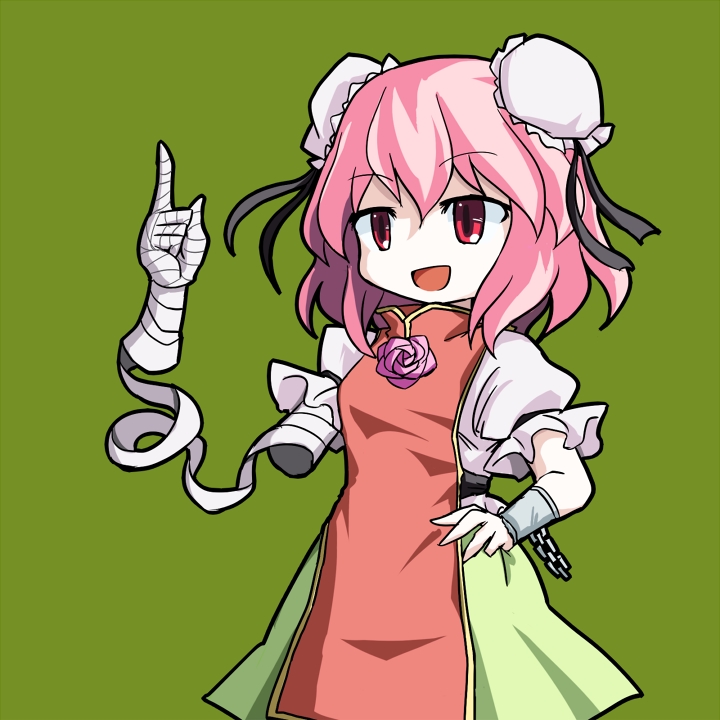 1girl, :d, aratami_isse, bandages, chain, cuffs, hand_on_hip, ibaraki_kasen, open_mouth, pink_hair, red_eyes, shackles, short_hair, smile, tabard, touhou