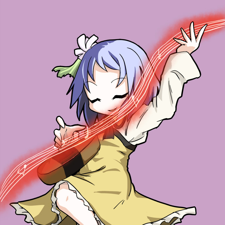 1girl, :d, aratami_isse, dress, frilled_dress, frills, lavender_hair, long_sleeves, musical_note, open_mouth, playing_instrument, short_hair, smile, string, touhou, tsukumo_benben