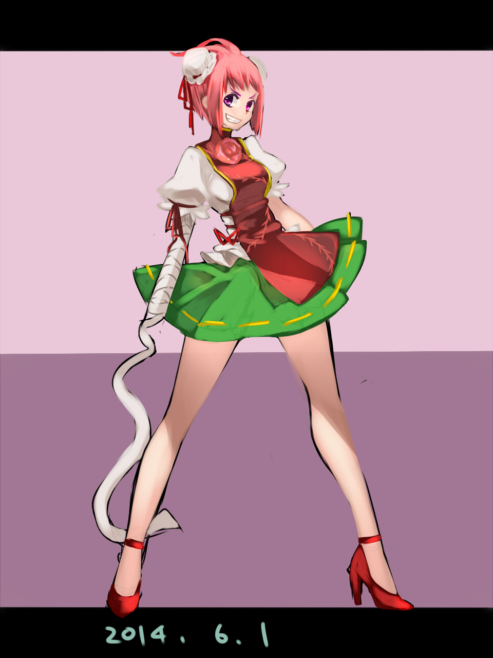 1girl, :d, bandages, bun_cover, chinese_clothes, dated, double_bun, false_arm