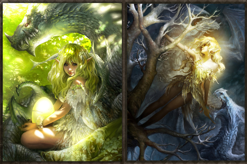 2girls, bare_shoulders, blonde_hair, blue_eyes, dragon, egg, elf, fantasy