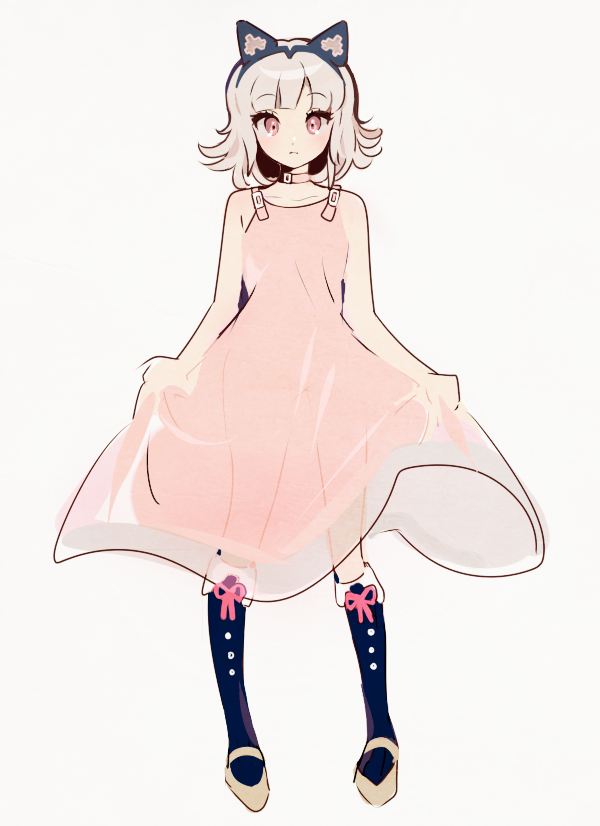 1girl, alternate_costume, animal_ears, boots, cat_ears, choker, dangan_ronpa, dress, fake_animal_ears, flipped_hair, hairband, nanami_chiaki, otohime_(kk23maa), pink_dress, pink_eyes, pink_hair, short_hair, solo, super_dangan_ronpa_2