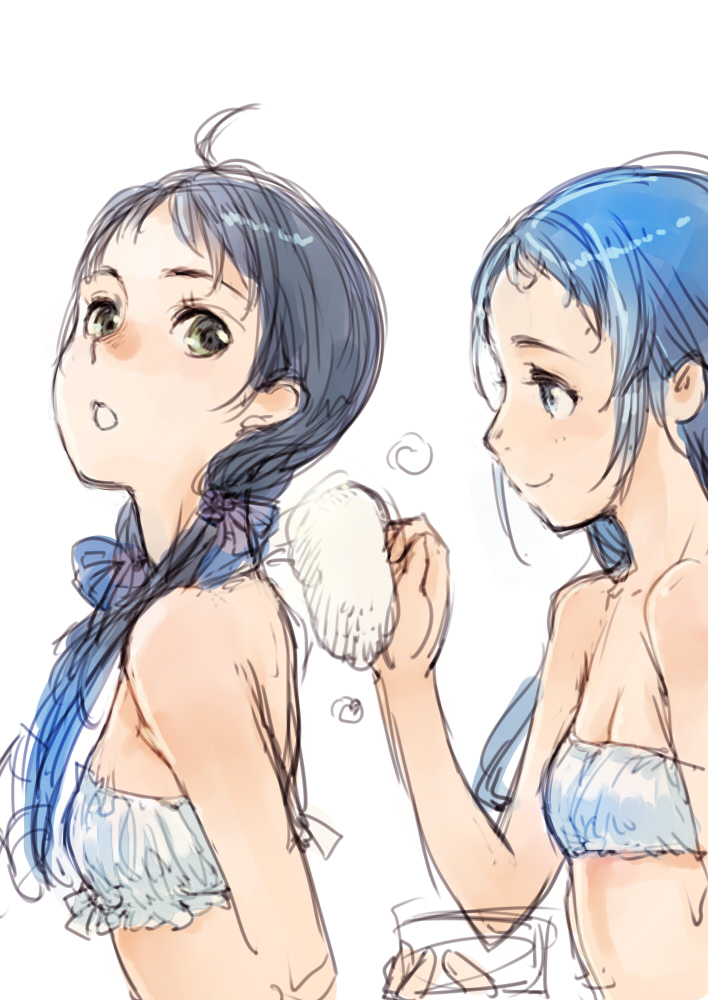 2girls, blue_eyes, blue_hair, branch_(blackrabbits), green_eyes, kantai_collection, long_hair, looking_back, multiple_girls, powder_ball, samidare_(kantai_collection), smile, suzukaze_(kantai_collection), swimsuit