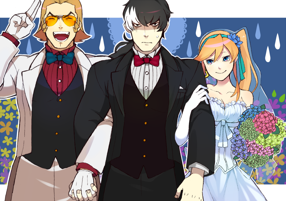 1girl, 2boys, akira_kira, alternate_costume, black_hair, blue_dress, blue_eyes, bouquet