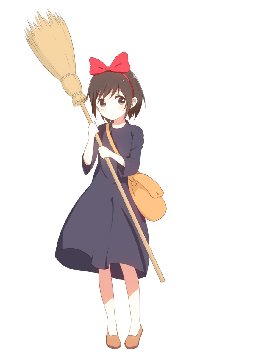 1girl, bag, bow, broom, brown_eyes, brown_hair, dress, expressionless