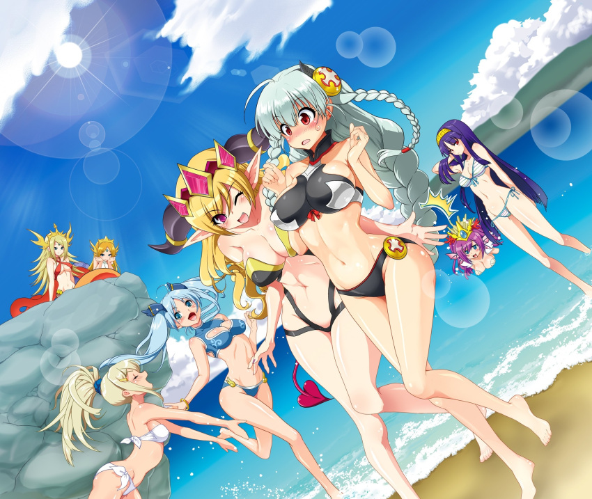 /\/\/\, 6+girls, ahoge, animal_ears, barefoot, beach, bikini, bikini_top