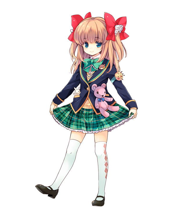 blue_eyes, brown_hair, girlfriend_(kari), official_art, qp:flapper, ribbon, school_uniform, stuffed_animal