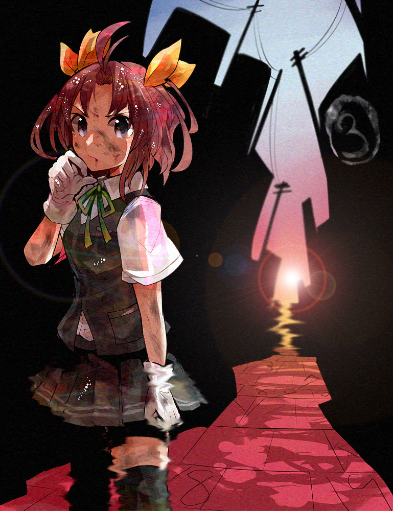 1girl, blood, blouse, brown_hair, city, dirty, dirty_clothes, gloves