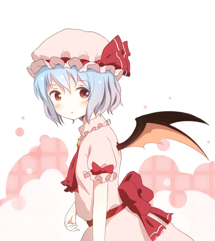 1girl, ascot, bat_wings, blouse, blue_hair, blush, bow, brooch