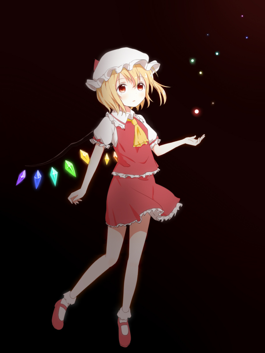 1girl, ankle_cuffs, ascot, black_background, blonde_hair, blouse, flandre_scarlet, full_body